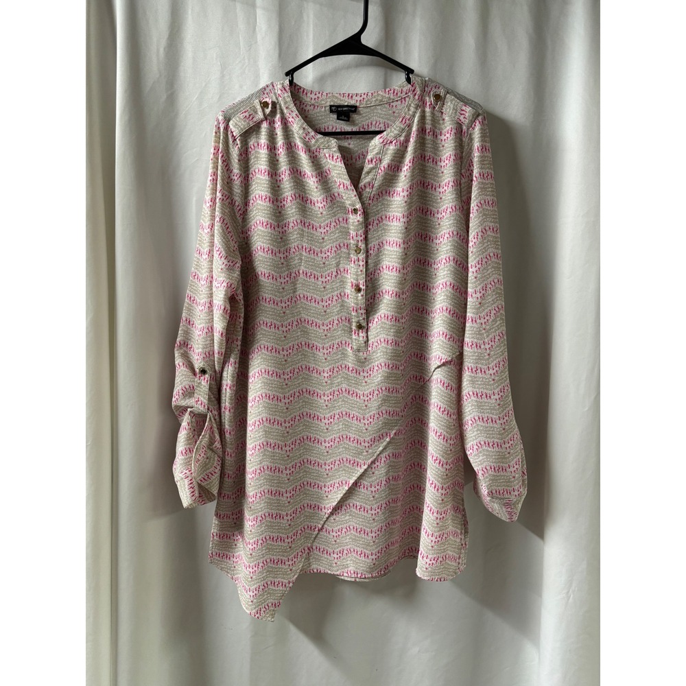 New Directions Womens Pink Tan Chevron Ikat Roll Tab Sleeve Tunic Blouse Large‎